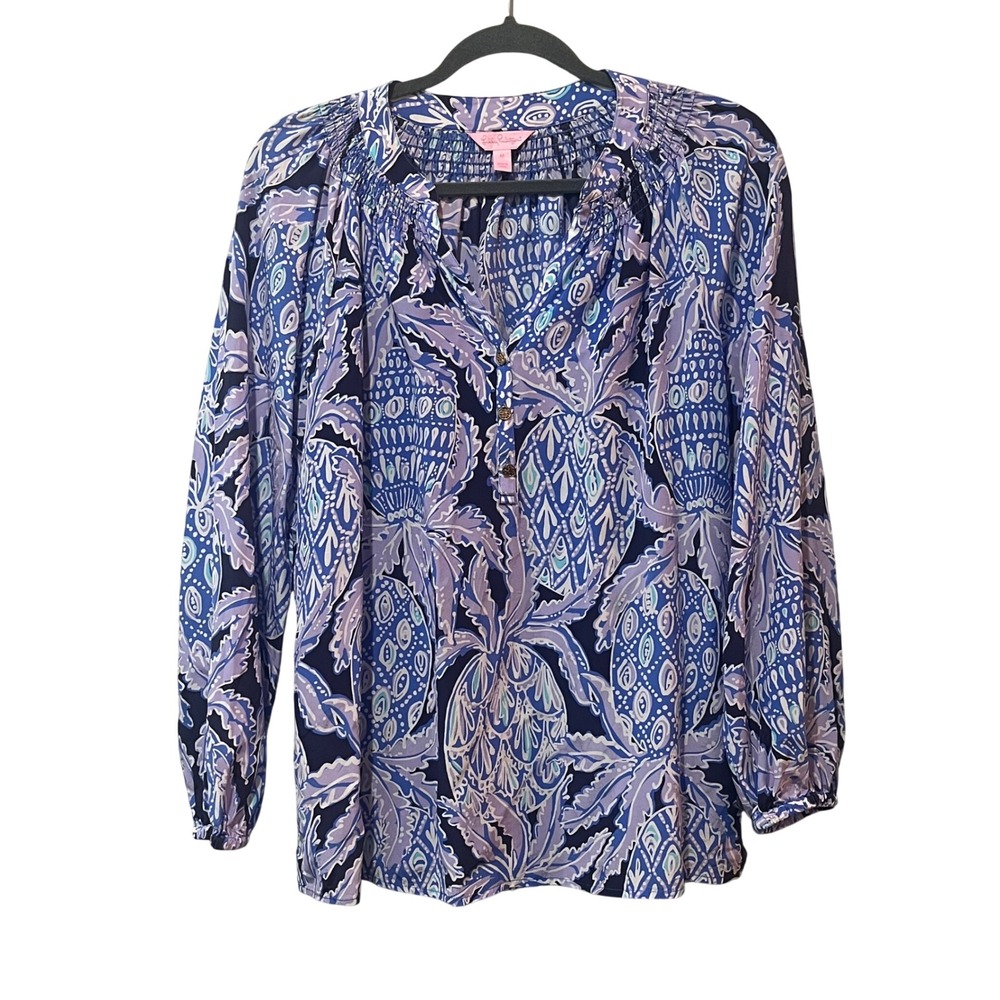 Lilly Pulitzer Elsa Silk‎ Blouse Womens Medium Lilac Verbena Pop Up Coco Safari